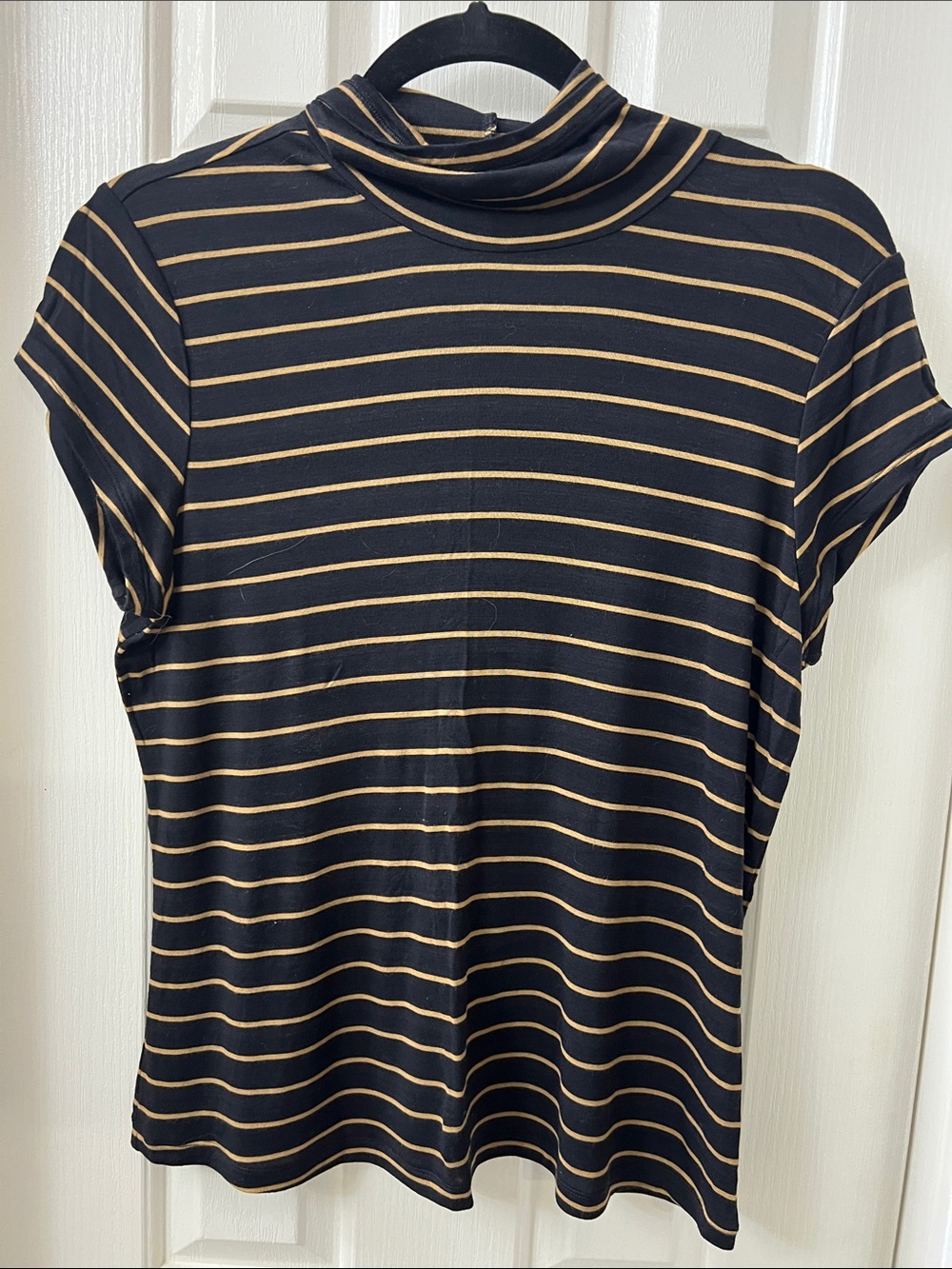 CAbi Black with Tan Stripe Short-Sleeve Turtleneck Top